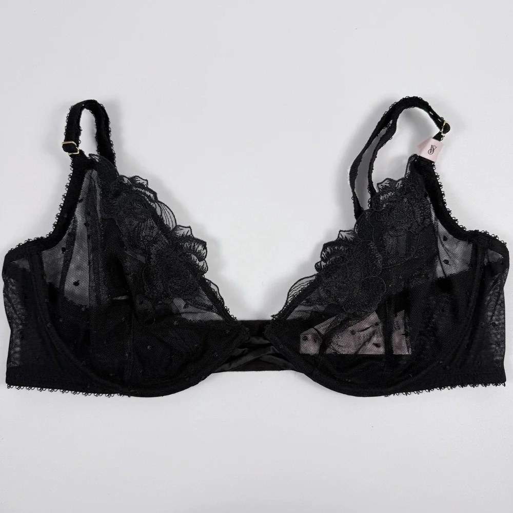 Victoria's Secret Very Sexy Sheer Swiss Dot Unlined Underwire Bra Black 34DD NWT